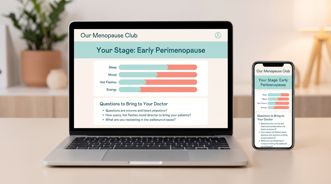 Our Menopause Club results screen showing stage, symptom profile, and questions for your doctor